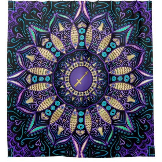 Sagittarius Paars Black Mandala Shower Curtain Douchegordijn (Voorkant)