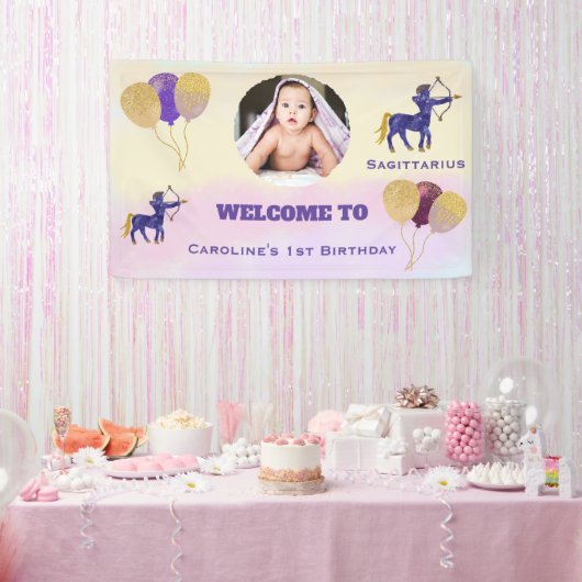 Sagittarius Watercolor 1st Birthday | Photo Sign Spandoek (Feest)