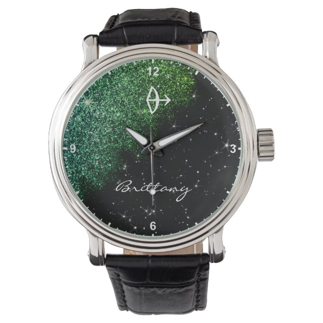 Sagittarius Zodiac Sign Blauwgroen Glitter Stars N Horloge (Voorkant)