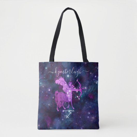 Sagittarius Zodiac Sign Cosmic Monogram Name Blue Tote Bag (Voorkant)
