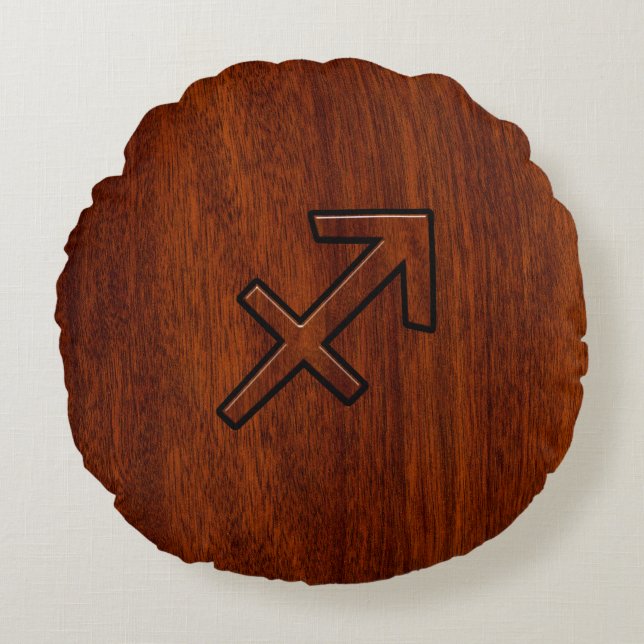 Sagittarius Zodiac Sign in Mahogany Wood Style Rond Kussen (Voorkant)