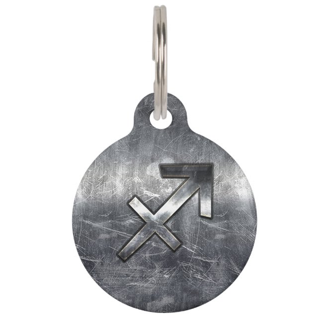 Sagittarius Zodiac Silver Distress Steel look Huisdierpenning (Voorkant)