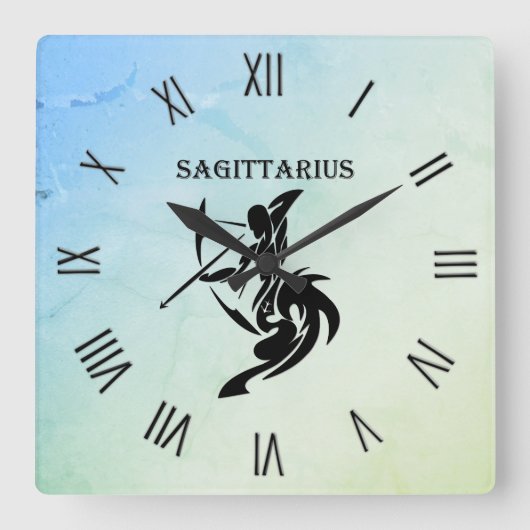 Sagittarius Zodiac Symbool Blue Green Numerals Vierkante Klok (Voorkant)