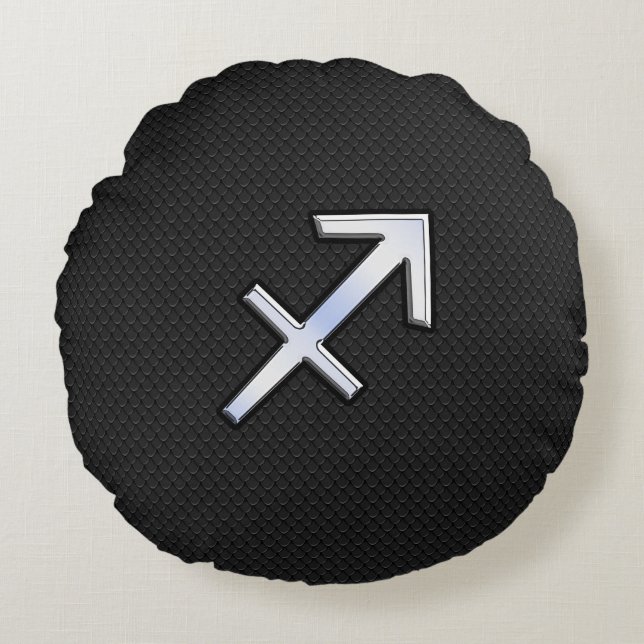 Sagittarius Zodiac Symbool op zwarte slangenhuid Rond Kussen (Voorkant)