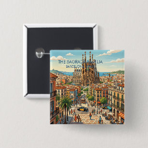 Sagrada Familia Barcelona Spanje Reizen Kunst Vint Vierkante Button 5,1 Cm