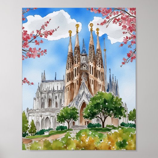 Sagrada Familia Barcelona Spanje Waterverf Poster (Voorkant)