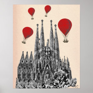 Sagrada Familia en Red Hot Air-ballonnen Poster