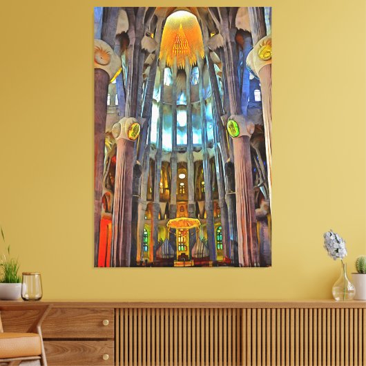 Sagrada Familia. Uitzicht binnen bij zonsondergang Canvas Afdruk (Insitu (Woonkamer))