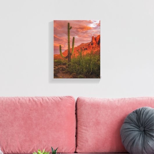 Saguaro Cactus Arizona Sunset Terracotta Red 11x14 Canvas Afdruk (Insitu (Woonkamer))