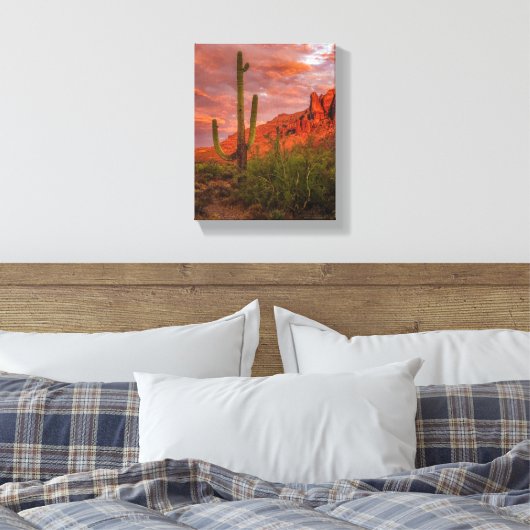 Saguaro Cactus Arizona Sunset Terracotta Red 11x14 Canvas Afdruk (Insitu (Slaapkamer))