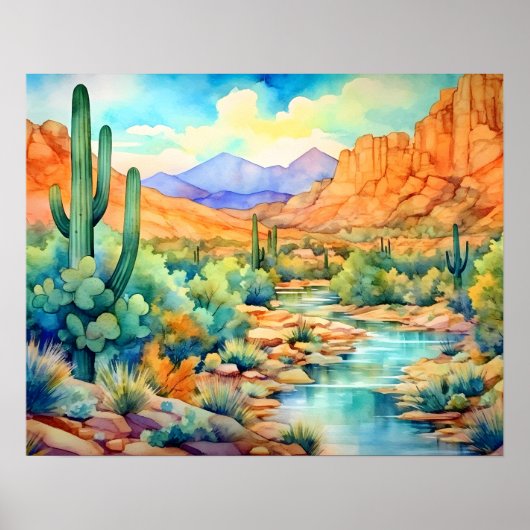 Saguaro Cactus Arizona Waterverf Landschap Poster (Voorkant)