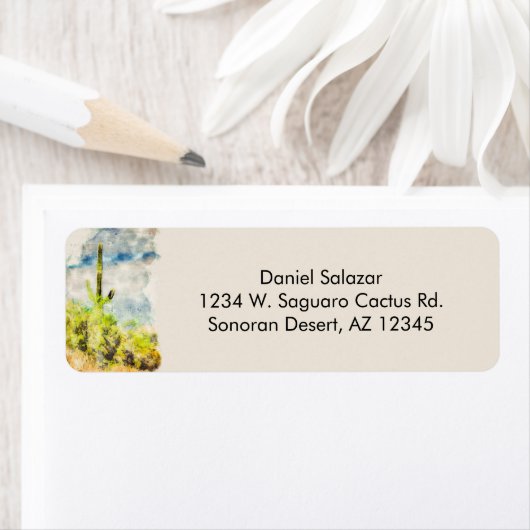 Saguaro Cactus Desert Scene Digital Waterverf Etiket (Insitu)