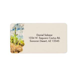 Saguaro Cactus Desert Scene Digital Waterverf Etiket