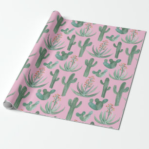 Saguaro Cactus en Desert Aloe Planten op PINK Cadeaupapier