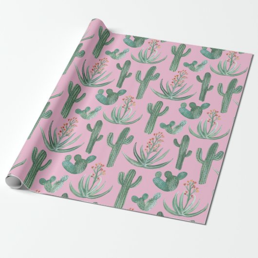 Saguaro Cactus en Desert Aloe Planten op PINK Cadeaupapier (Uitgerold)