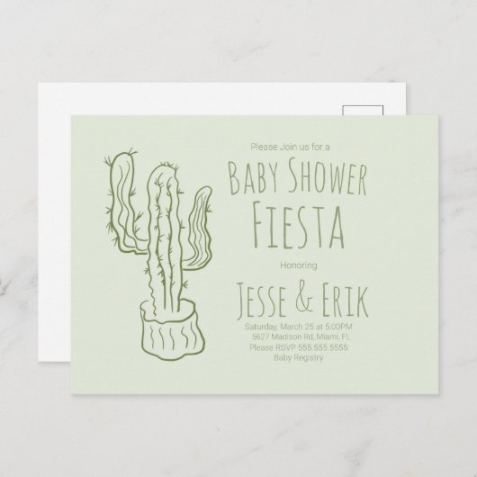 Saguaro Cactus Hand Drawn Green Baby shower Briefkaart (Voorkant / Achterkant)