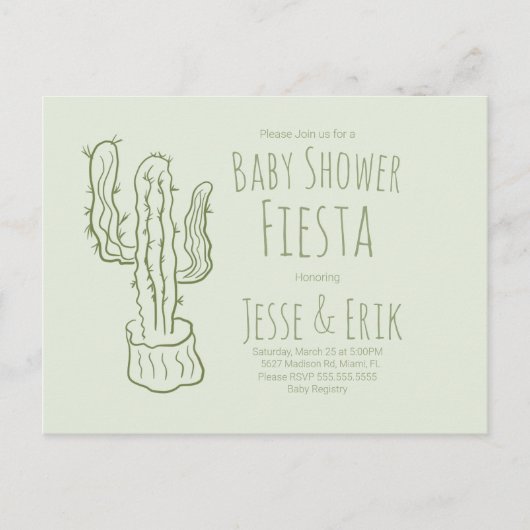 Saguaro Cactus Hand Drawn Green Baby shower Briefkaart (Voorkant)