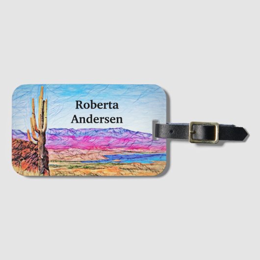 Saguaro Cactus Paars Mountians Blue Lake Arizona Bagagelabel (Voorkant (horizontaal))