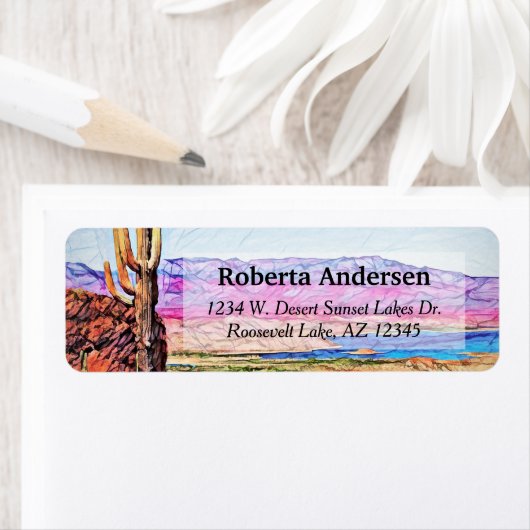 Saguaro Cactus Paars Mountians Blue Lake Arizona Etiket (Insitu)