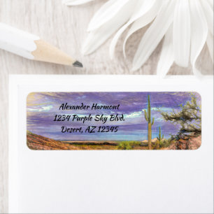 Saguaro Cactus Paars Sky Arizona Uitzicht Etiket