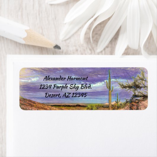 Saguaro Cactus Paars Sky Arizona Uitzicht Etiket (Insitu)