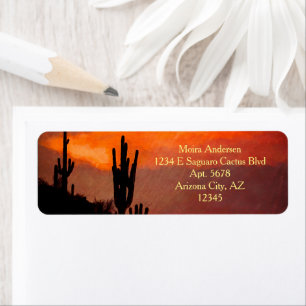 Saguaro Cactus Silhouette Arizona Red Sunset Etiket