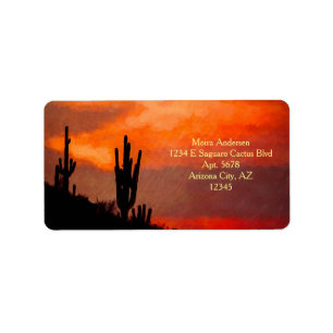 Saguaro Cactus Silhouette Arizona Red Sunset Etiket