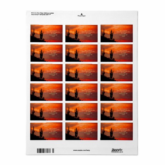 Saguaro Cactus Silhouette Arizona Red Sunset Etiket (Full Sheet)