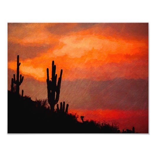 Saguaro Cactus Silhouette Arizona Red Sunset Foto Afdruk (Voorkant)
