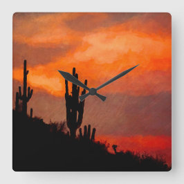 Saguaro Cactus Silhouette Arizona Red Sunset Vierkante Klok
