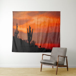 Saguaro Cactus Silhouette Arizona Red Sunset Wandkleed