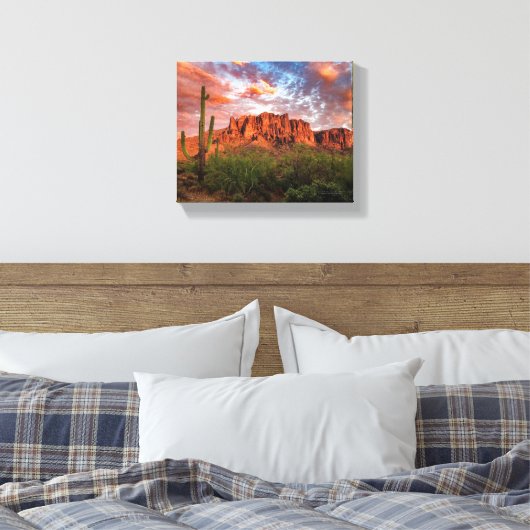 Saguaro Cactus Superstition Mountain Sunset 10x8 Canvas Afdruk (Insitu (Slaapkamer))