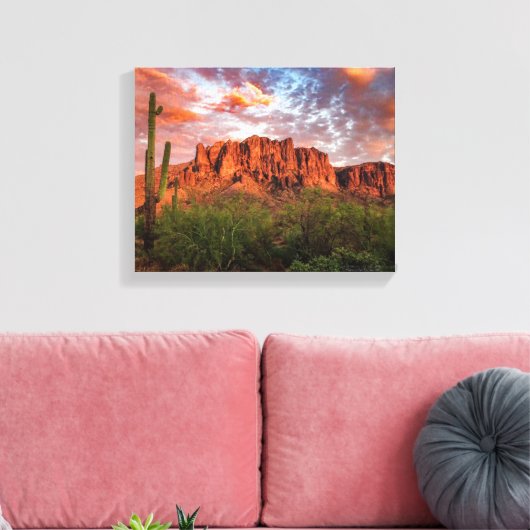 Saguaro Cactus Superstition Mountain Sunset 14x11 Canvas Afdruk (Insitu (Woonkamer))
