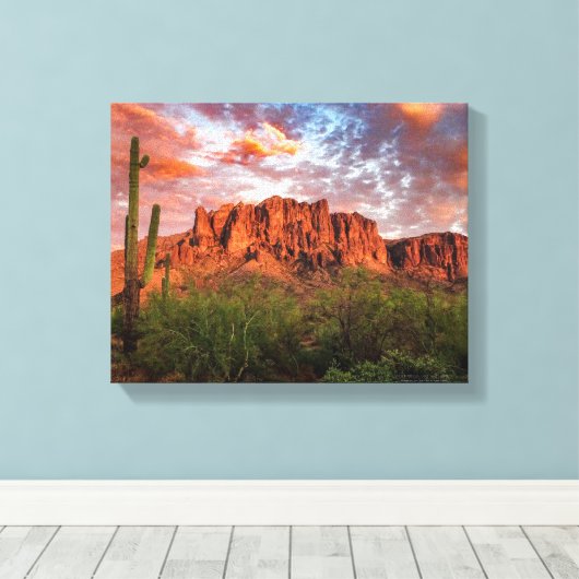 Saguaro Cactus Superstition Mountain Sunset 14x11 Canvas Afdruk (Insitu (Houten vloer))