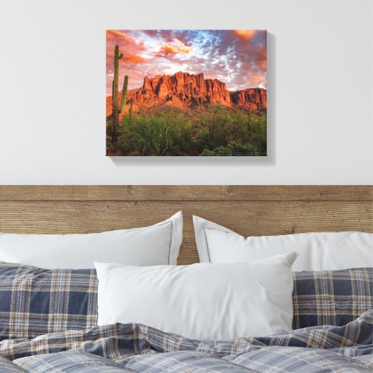 Saguaro Cactus Superstition Mountain Sunset 14x11 Canvas Afdruk (Insitu (Slaapkamer))