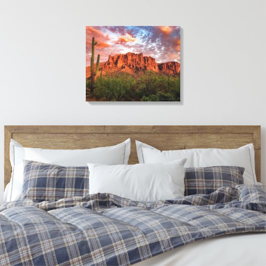 Saguaro Cactus Superstition Mountain Sunset 20x16 Canvas Afdruk (Insitu (Slaapkamer))