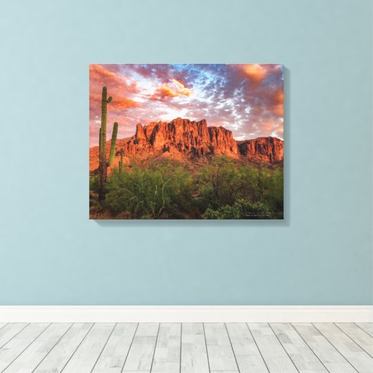 Saguaro Cactus Superstition Mountain Sunset 20x16 Canvas Afdruk (Insitu (Houten vloer))