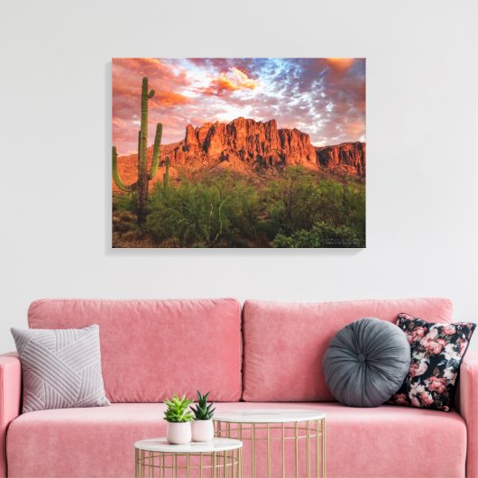Saguaro Cactus Superstition Mountain Sunset 24x18 Canvas Afdruk (Insitu (Woonkamer))