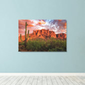 Saguaro Cactus Superstition Mountain Sunset 36x24 Canvas Afdruk (Insitu (Houten vloer))