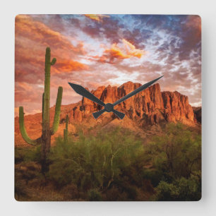 Saguaro Cactus Superstition Mountain Sunset Art Vierkante Klok