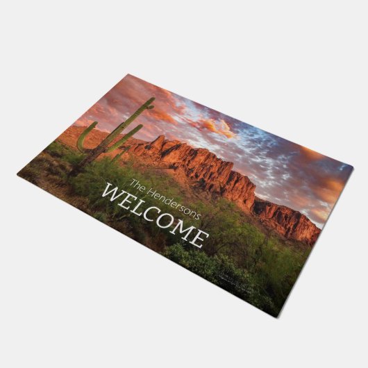 Saguaro Cactus Superstition Mountain Sunset Clouds Deurmat (Schuin)