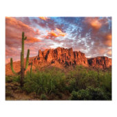 Saguaro Cactus Superstition Mountain Sunset Clouds Foto Afdruk (Voorkant)