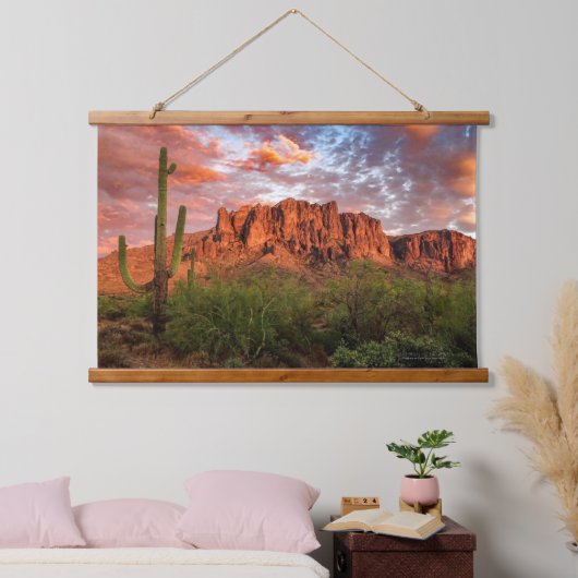 Saguaro Cactus Superstition Mountain Sunset Clouds Hangend Wandkleed (Slaapkamer)