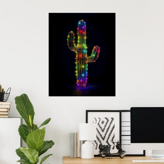Saguaro cactus verlicht met kerstverlichting poster (Thuiskantoor)