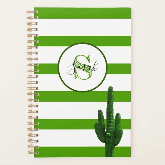 Saguaro Green Stripe Monogram Gepersonaliseerd Planner (Voorkant)