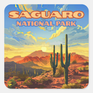 Saguaro Nationaal Park Arizona Desert Cactus Retro Vierkante Sticker