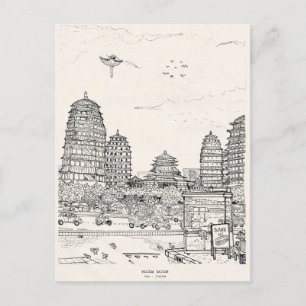 Saigon Pagoda Vietnam Cityscape Pen Inkttekening Briefkaart