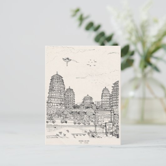 Saigon Pagoda Vietnam Cityscape Pen Inkttekening Briefkaart (Staand voorkant)