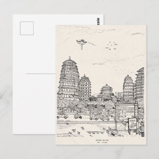 Saigon Pagoda Vietnam Cityscape Pen Inkttekening Briefkaart (Voorkant / Achterkant)