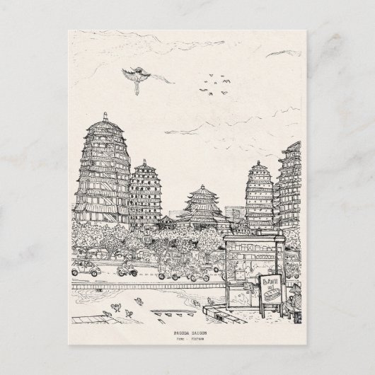 Saigon Pagoda Vietnam Cityscape Pen Inkttekening Briefkaart (Voorkant)